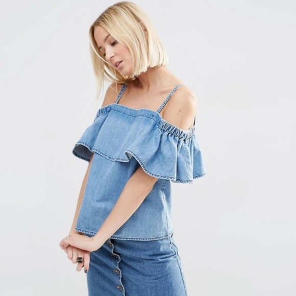 ASOS Tops - Asos off the shoulder denim ruffle shirt ASOS Tops - Asos off the shoulder denim ruffle shirt